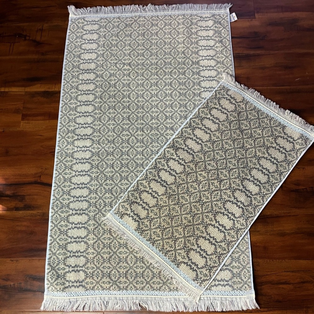 Vtg Royal Velvet Fieldcrest Bath Hand Towel Set Green Trellis Fringe MCM 2 Pc